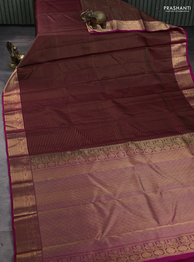 Pure kanchipuram silk saree maroon and pink with allover zari stripe pattern and rich zari woven border
