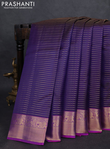 Pure kanchipuram silk saree violet and purple with allover zari stripe pattern and rich zari woven border