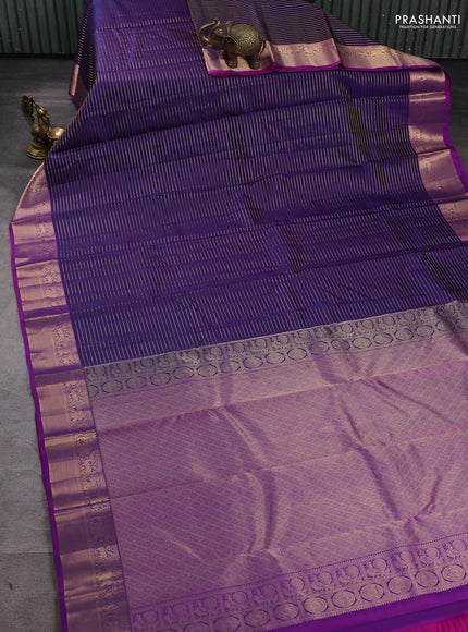 Pure kanchipuram silk saree violet and purple with allover zari stripe pattern and rich zari woven border