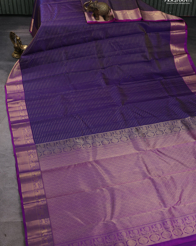 Pure kanchipuram silk saree violet and purple with allover zari stripe pattern and rich zari woven border