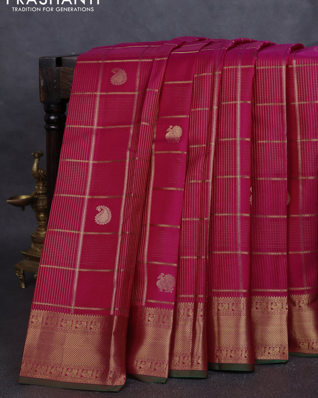 Pure kanchipuram silk saree pink and green with allover zari checks & buttas and rich zari woven border