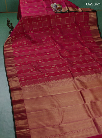 Pure kanchipuram silk saree pink and green with allover zari checks & buttas and rich zari woven border