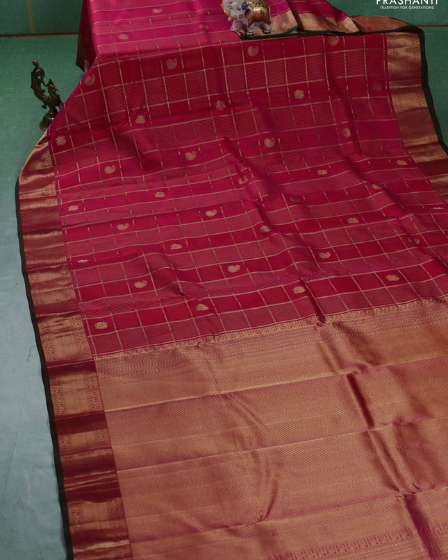 Pure kanchipuram silk saree pink and green with allover zari checks & buttas and rich zari woven border