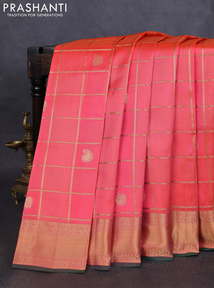 Pure kanchipuram silk saree peach shade and green with allover zari checks & buttas and rich zari woven border