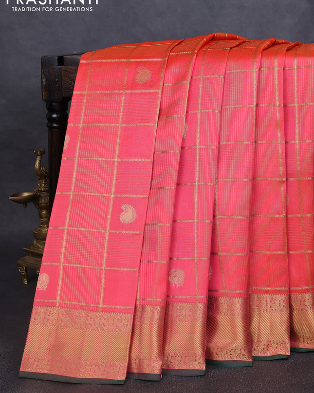 Pure kanchipuram silk saree peach shade and green with allover zari checks & buttas and rich zari woven border