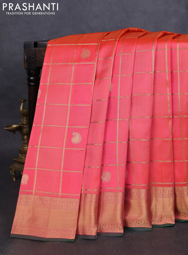 Pure kanchipuram silk saree peach shade and green with allover zari checks & buttas and rich zari woven border