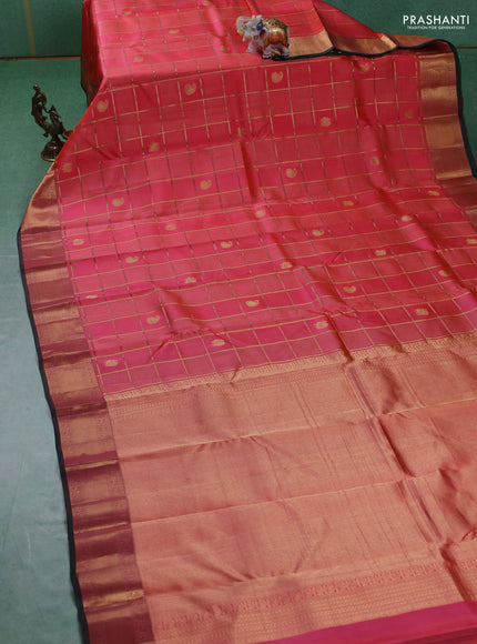 Pure kanchipuram silk saree peach shade and green with allover zari checks & buttas and rich zari woven border
