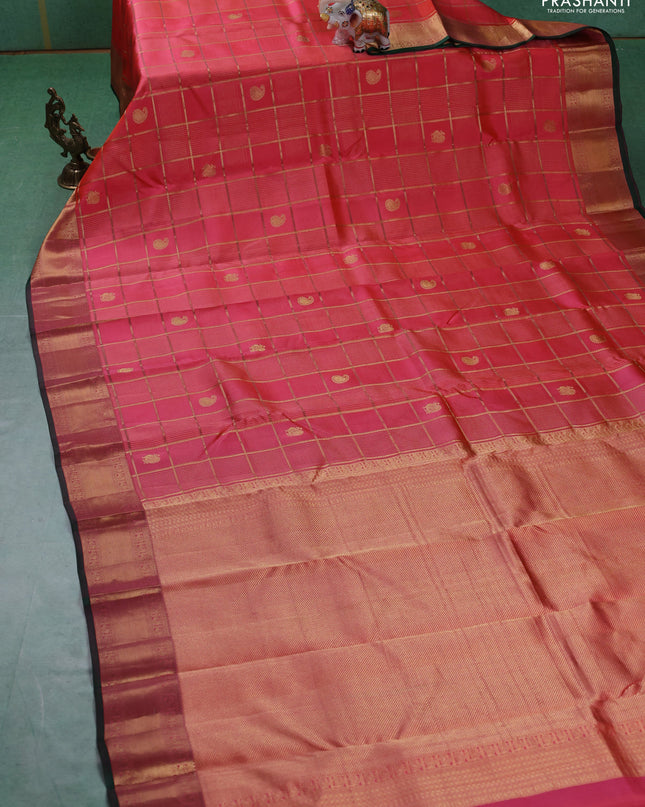 Pure kanchipuram silk saree peach shade and green with allover zari checks & buttas and rich zari woven border