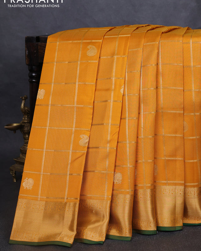 Pure kanchipuram silk saree mustard yellow and green with allover zari checks & buttas and rich zari woven border