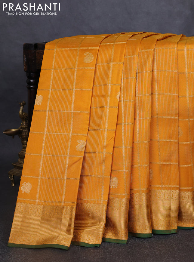 Pure kanchipuram silk saree mustard yellow and green with allover zari checks & buttas and rich zari woven border
