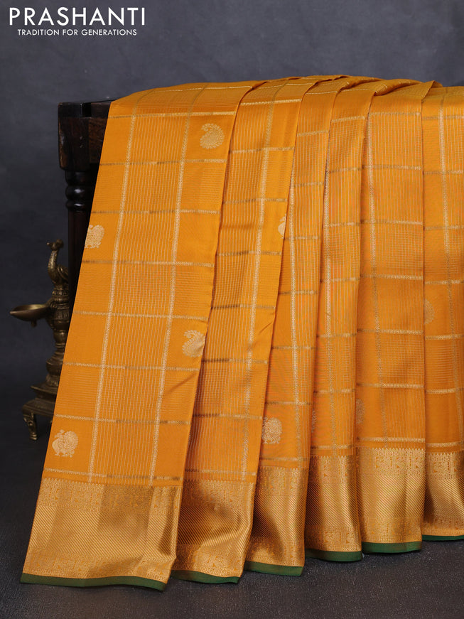 Pure kanchipuram silk saree mustard yellow and green with allover zari checks & buttas and rich zari woven border