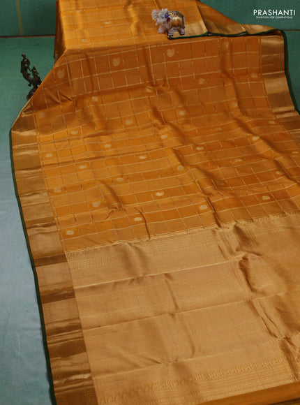 Pure kanchipuram silk saree mustard yellow and green with allover zari checks & buttas and rich zari woven border