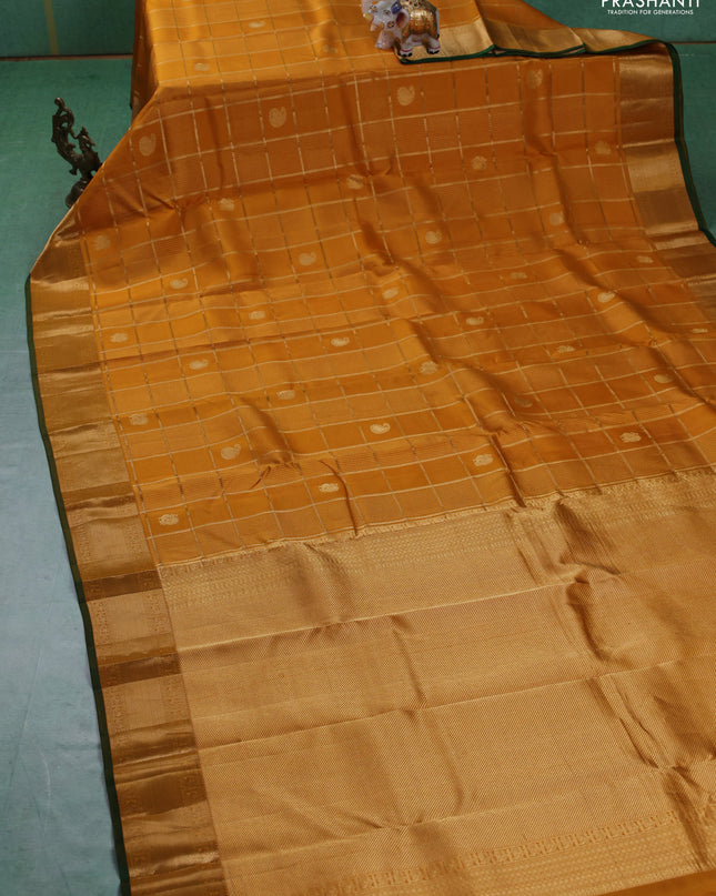 Pure kanchipuram silk saree mustard yellow and green with allover zari checks & buttas and rich zari woven border