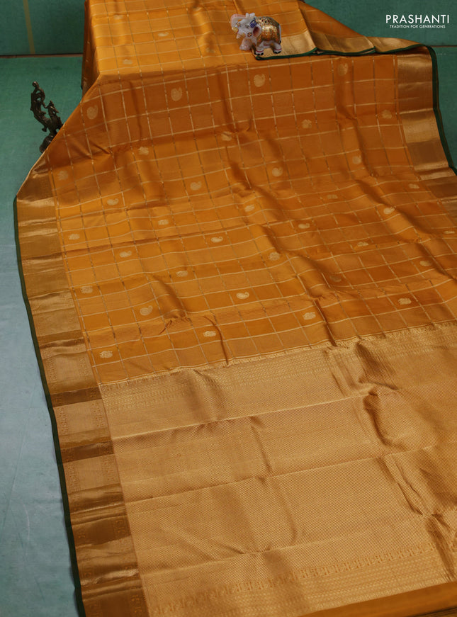 Pure kanchipuram silk saree mustard yellow and green with allover zari checks & buttas and rich zari woven border