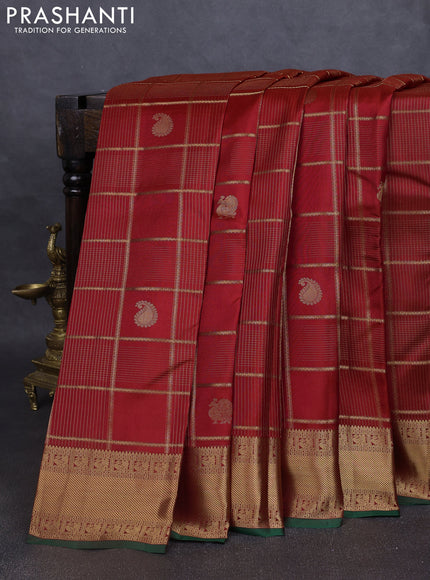 Pure kanchipuram silk saree maroon and green with allover zari checks & buttas and rich zari woven border