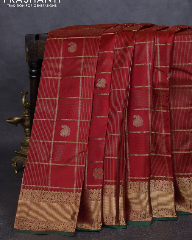 Pure kanchipuram silk saree maroon and green with allover zari checks & buttas and rich zari woven border