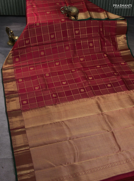 Pure kanchipuram silk saree maroon and green with allover zari checks & buttas and rich zari woven border