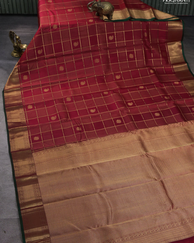 Pure kanchipuram silk saree maroon and green with allover zari checks & buttas and rich zari woven border