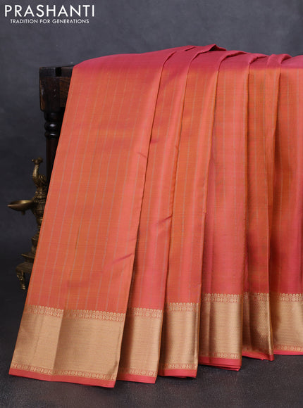 Pure kanchipuram silk saree dual tone pink with allover zari stripe pattern and rich zari woven border
