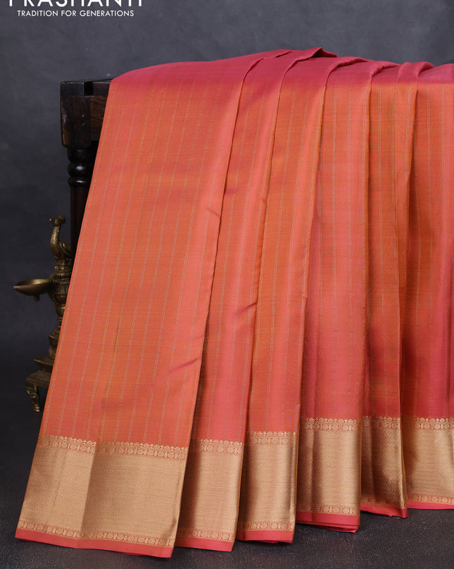 Pure kanchipuram silk saree dual tone pink with allover zari stripe pattern and rich zari woven border