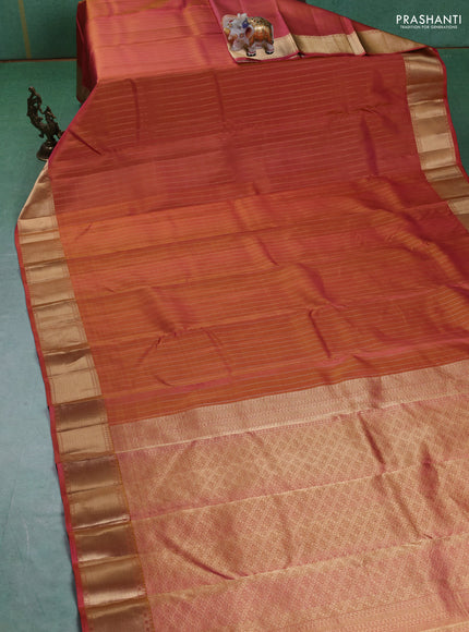 Pure kanchipuram silk saree dual tone pink with allover zari stripe pattern and rich zari woven border