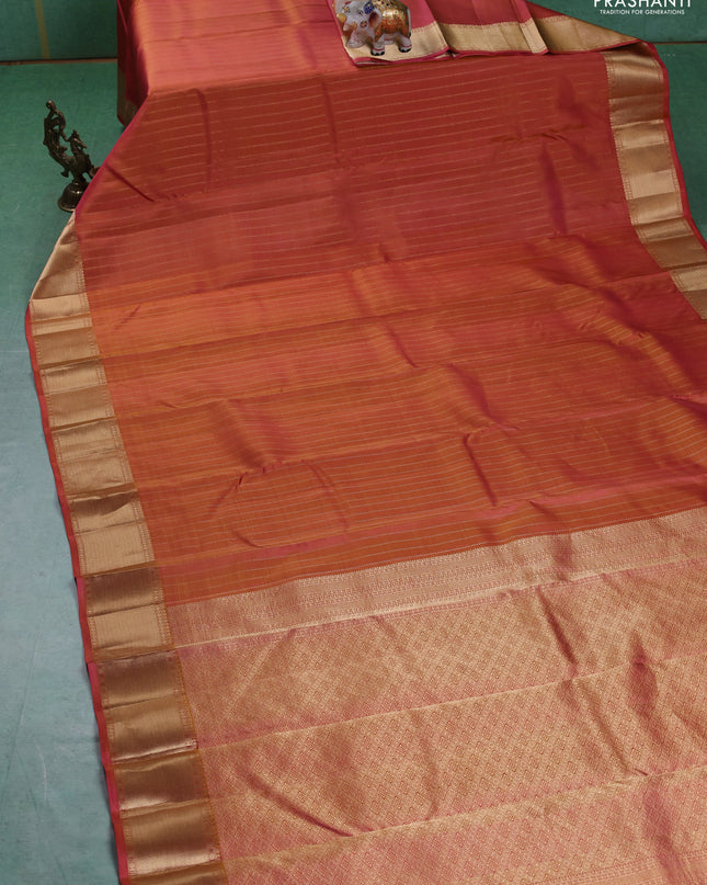 Pure kanchipuram silk saree dual tone pink with allover zari stripe pattern and rich zari woven border