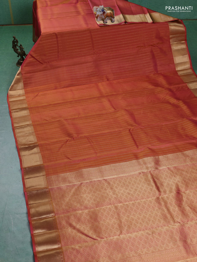 Pure kanchipuram silk saree dual tone pink with allover zari stripe pattern and rich zari woven border