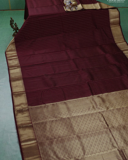 Pure kanchipuram silk saree deep maroon with allover zari stripe pattern and rich zari woven border