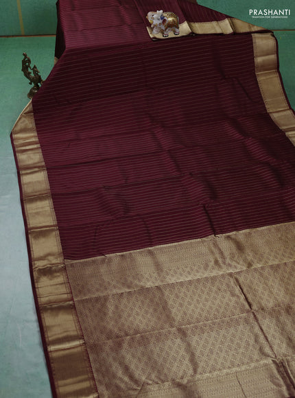 Pure kanchipuram silk saree deep maroon with allover zari stripe pattern and rich zari woven border