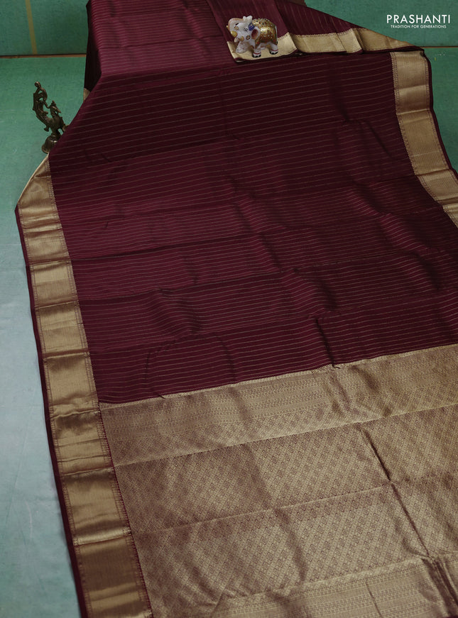 Pure kanchipuram silk saree deep maroon with allover zari stripe pattern and rich zari woven border