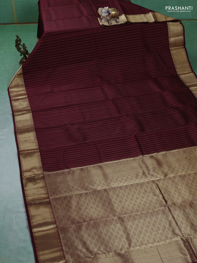 Pure kanchipuram silk saree deep maroon with allover zari stripe pattern and rich zari woven border