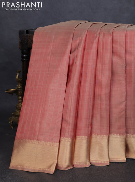 Pure kanchipuram silk saree dual tone rust with allover zari stripe pattern and rich zari woven border