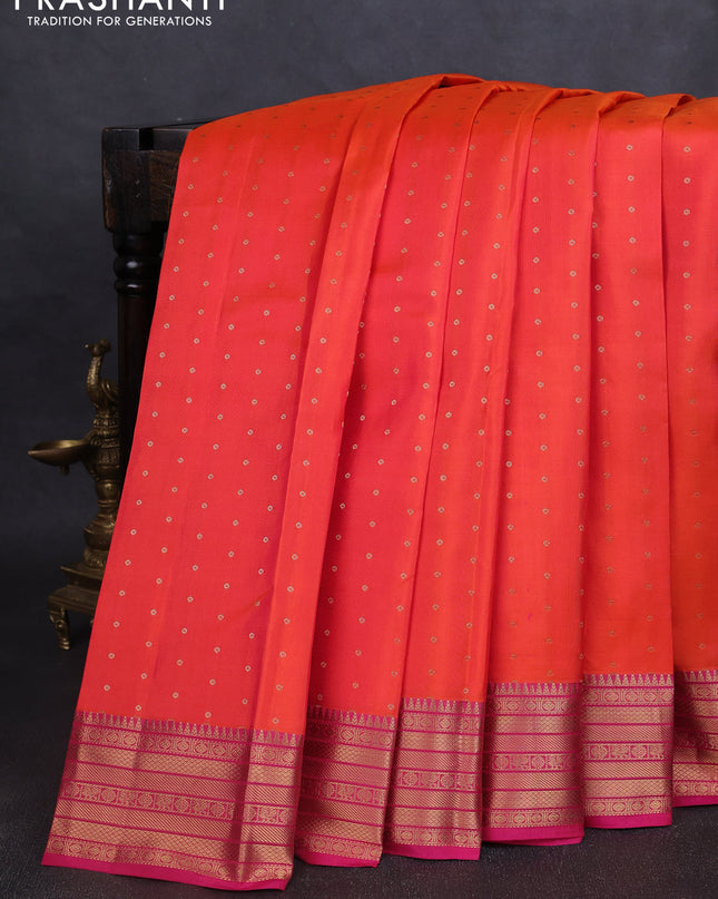 Pure kanchipuram silk saree orange and pink with allover zari woven 1000 buttas and rich zari woven border