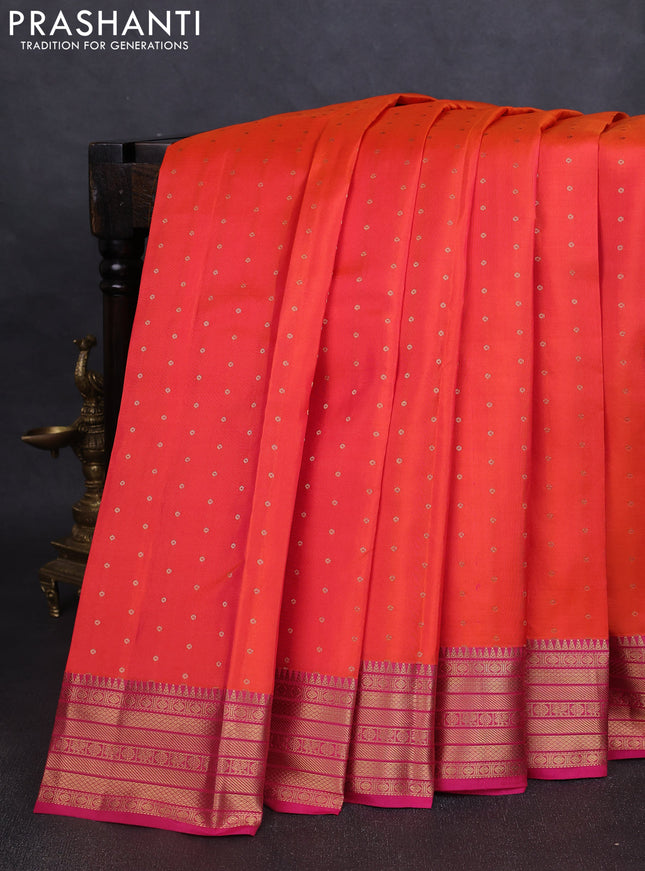 Pure kanchipuram silk saree orange and pink with allover zari woven 1000 buttas and rich zari woven border