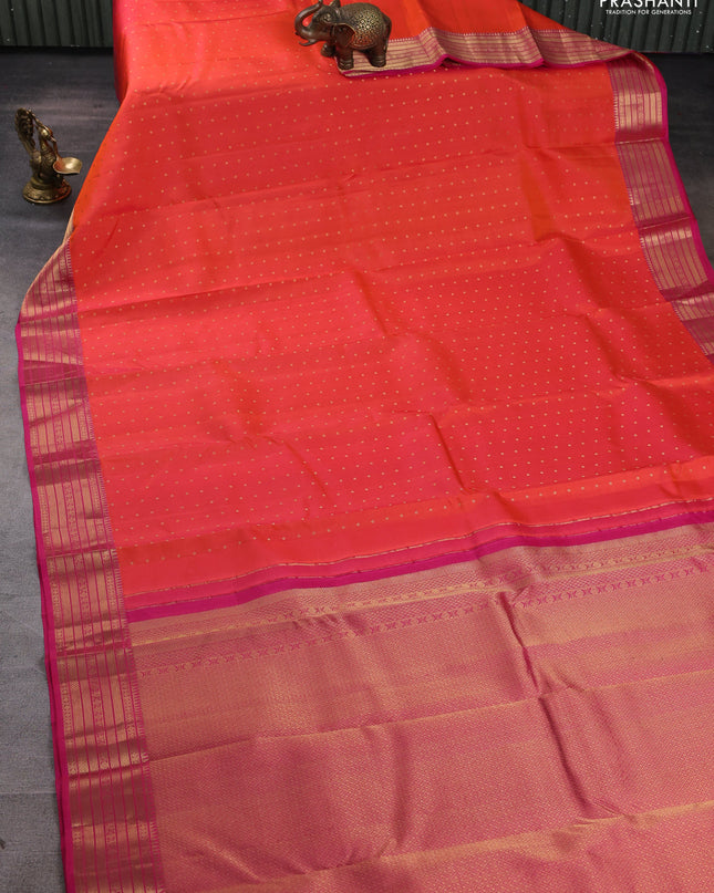 Pure kanchipuram silk saree orange and pink with allover zari woven 1000 buttas and rich zari woven border