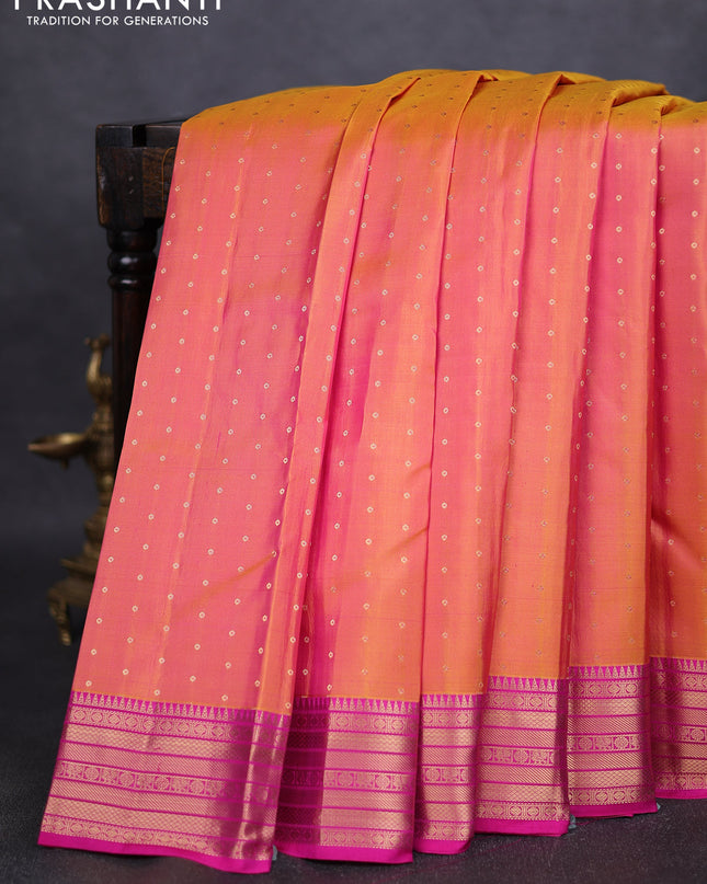 Pure kanchipuram silk saree dual tone yellowish pink and pink with allover zari woven 1000 buttas and rich zari woven border