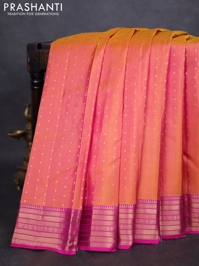 Pure kanchipuram silk saree dual tone yellowish pink and pink with allover zari woven 1000 buttas and rich zari woven border