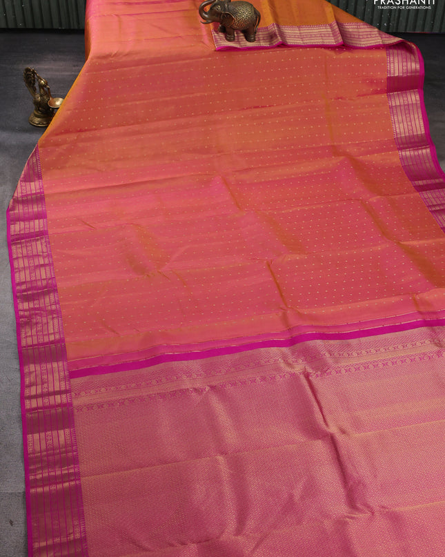 Pure kanchipuram silk saree dual tone yellowish pink and pink with allover zari woven 1000 buttas and rich zari woven border