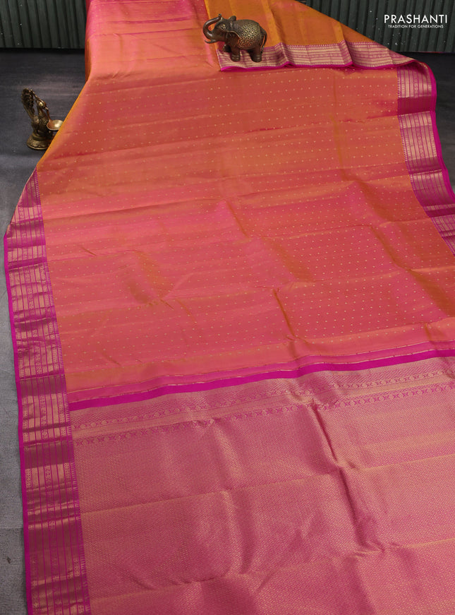 Pure kanchipuram silk saree dual tone yellowish pink and pink with allover zari woven 1000 buttas and rich zari woven border
