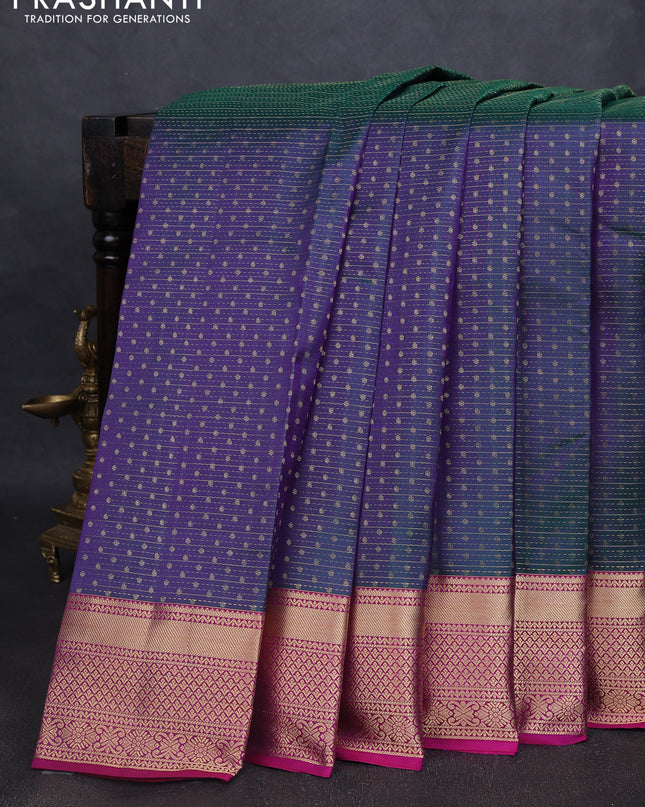 Pure kanchipuram silk saree dual tone greenish purple and dual tone pink with allover zari weaves & 1000 buttas and rich zari woven border