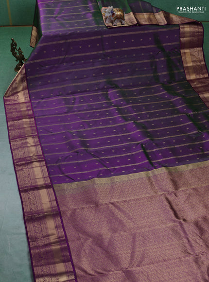 Pure kanchipuram silk saree dual tone greenish purple and dark purple with allover zari weaves & buttas and rich zari woven border