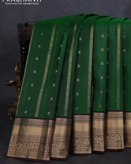 Pure kanchipuram silk saree green and coffee brown with allover zari weaves & buttas and rich zari woven border