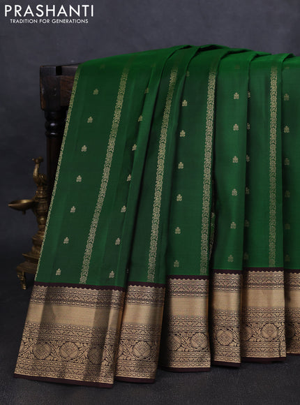 Pure kanchipuram silk saree green and coffee brown with allover zari weaves & buttas and rich zari woven border
