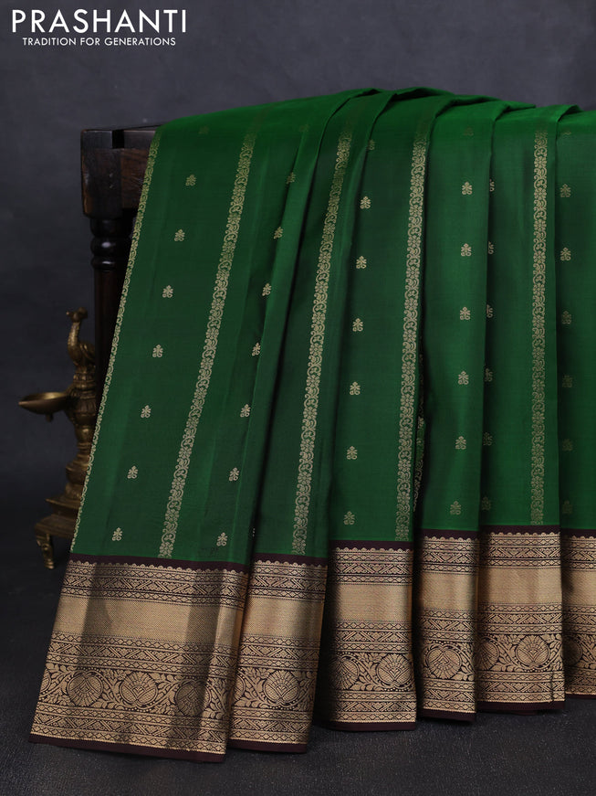 Pure kanchipuram silk saree green and coffee brown with allover zari weaves & buttas and rich zari woven border
