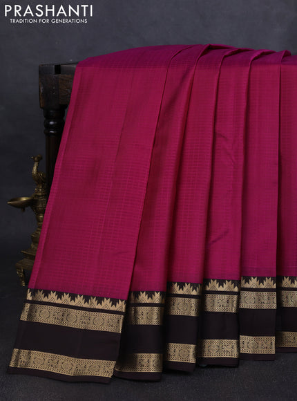 Pure kanchipuram silk saree magenta pink and coffee brown with allover self emboss pattern and rettapet zari woven border