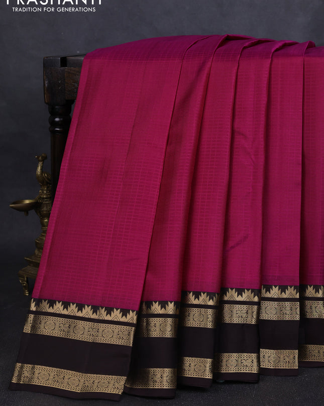 Pure kanchipuram silk saree magenta pink and coffee brown with allover self emboss pattern and rettapet zari woven border