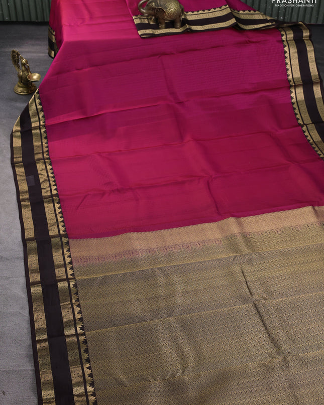 Pure kanchipuram silk saree magenta pink and coffee brown with allover self emboss pattern and rettapet zari woven border
