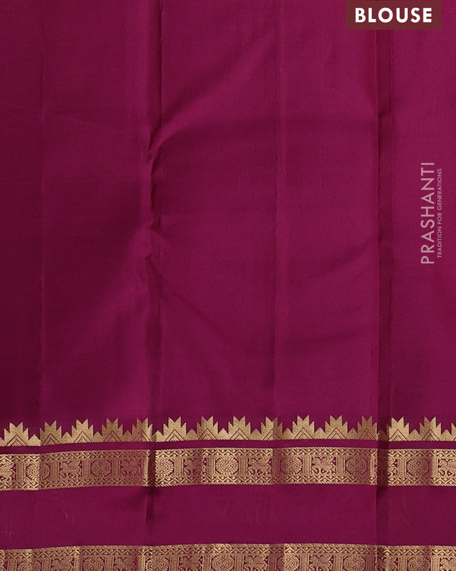 Pure kanchipuram silk saree sandal and dark magenta with allover self emboss pattern and rettapet zari woven border