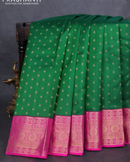 Pure kanchipuram silk saree green and pink with allover zari woven 1000 buttas and temple design zari woven border