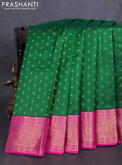 Pure kanchipuram silk saree green and pink with allover zari woven 1000 buttas and temple design zari woven border